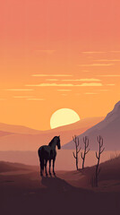 Fototapeta na wymiar A striking silhouette of a horse stands against a vibrant sunset backdrop, surrounded by the tranquil beauty of the wilderness.