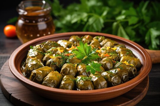 Traditional Turkish Dolma, Sarma or Dolmades on Wooden Plate, Mediterranean Dish Dolmadakia