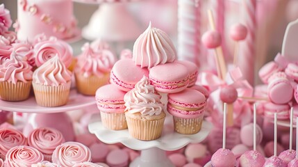 candy bar at a kids party with pink cupcakes and magenta pink macaroons, pink birthday theme