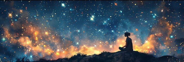 Obraz na płótnie Canvas Whimsical 2D Illustration from Person Under Starry Sky