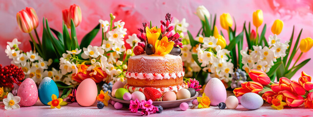 Fototapeta na wymiar Easter eggs and flowers beautiful background. Selective focus.