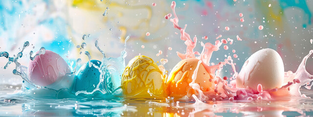 Beautiful Easter dessert and colorful eggs splash. Selective focus. - obrazy, fototapety, plakaty