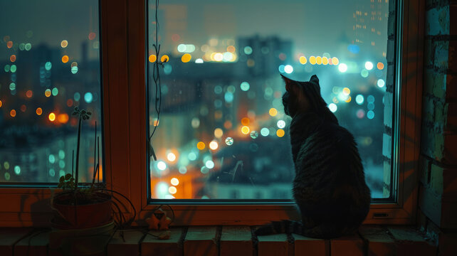 A cat sitting by a night-time window