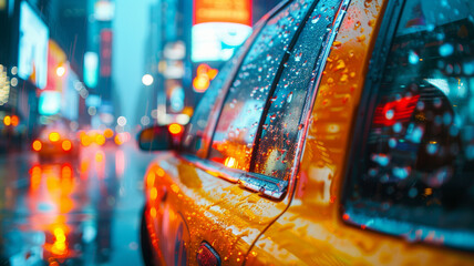 A rainy, neon-lit street with a yellow taxi.