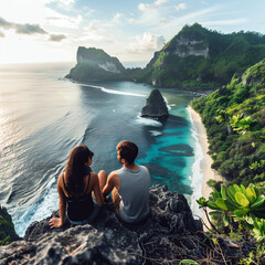 Young couple sitting on the edge of cliff overlooking tropical beach and sea, panoramic view in high resolution.