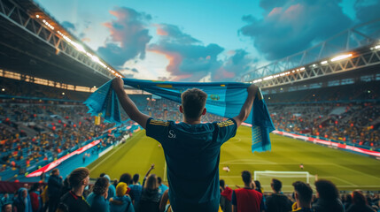 Fan Celebrating with Scarf at Sunset in Emptying Stadium.