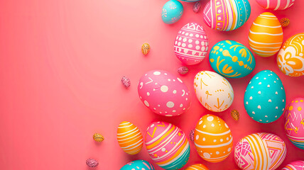 Fototapeta premium Easter eggs and flowers beautiful background. Selective focus.
