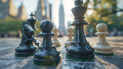 Chess pieces on a board in park