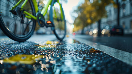A bicycle on a wet city street with leaves