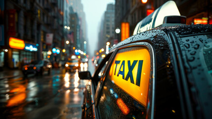 Close-up of a taxi sign on a rainy night in the city.