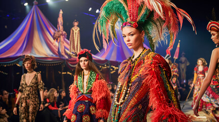 Naklejka premium Enchanting Circus-Themed Fashion Show with Dazzling Costumes