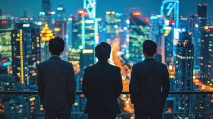 Fototapeta premium Three Men Confront Chaos: Cityscape Nightfall