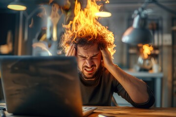 Man with burning hair | Frustration with technology not working, malfunctioning - obrazy, fototapety, plakaty