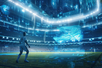 Futuristic Stadium with Holographic Technology and Audience.
