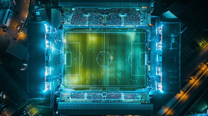 Nighttime Soccer Stadium Drama. Aerial View Sports Venue.