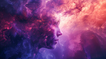 Ethereal Cosmic Woman in a Vibrant Nebula of Dreams - obrazy, fototapety, plakaty