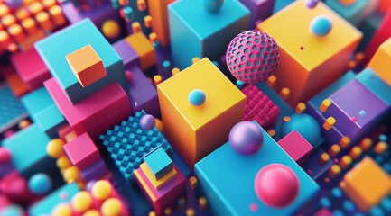 Multicolored 3D Spheres and Cubes on Pattern - obrazy, fototapety, plakaty