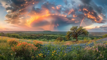 hill country with a large thunderstorm in the partly in the background with a rainbow