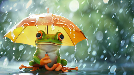 Cute Cartoon Frog Holding an Umbrella in the Rain