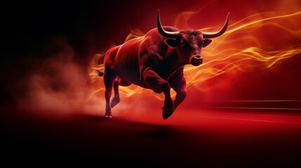 Galloping Red Bull, sparks fly from under the hooves, Bull runs on red fire background, banner