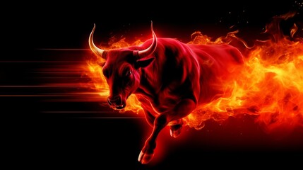 Galloping Red Fire Bull, dark background, banner - obrazy, fototapety, plakaty