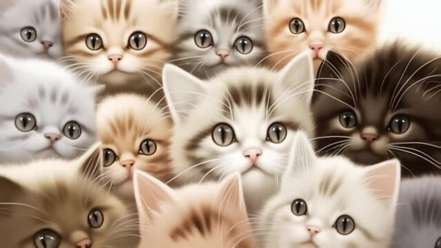 kitten portraits, cat faces collage collection, many cat’s muzzle of different breeds, Generative AI