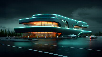 Modern architecture illuminated by neon lights at night: A showcase of futuristic building design