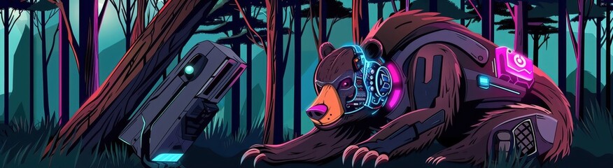 A bear equipped with cybernetic armor - obrazy, fototapety, plakaty