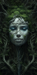 Mystical representation of nature's embrace: A woman interwoven with ancient tree roots