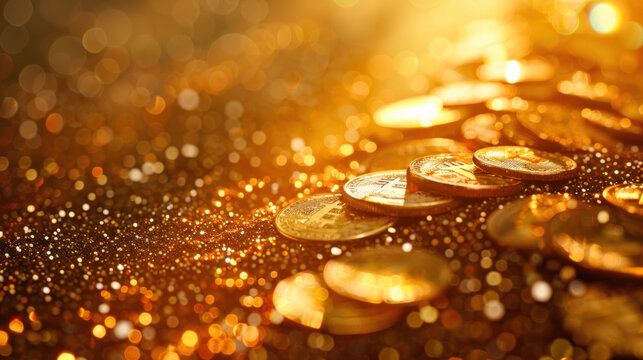 Pile of cryptocurrency coins on golden sand - digital treasure concept