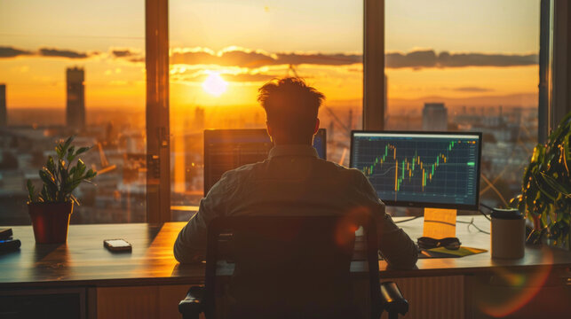 Man with laptop, cryptocurrency, stock market trading concept