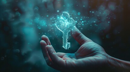 Hand Presenting a Holographic Key with Glowing Particles.