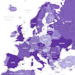 Europe - Highly Detailed Vector Map of the Europe. Ideally for the Print Posters. Purple Lilac Monochrome Retro Style - obrazy, fototapety, plakaty