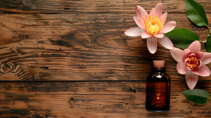 lotus essential oil in a bottle. Selective focus.