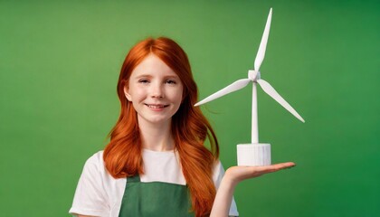 Girl with mockup of wind power generator