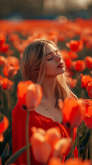 Zbliżenie na młodą kobietę na polu czerwonych tulipanów