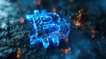 Cold blue Bitcoin logo in hot lava