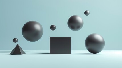 3D Geometric Shapes: A minimalist composition featuring a cube, pyramid, and sphere