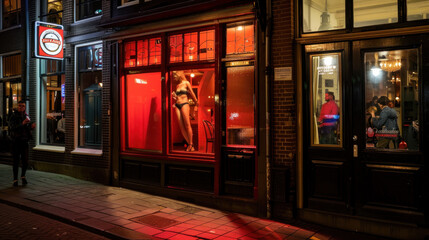 Female prostitute in the window - red light district, legal sex work concept