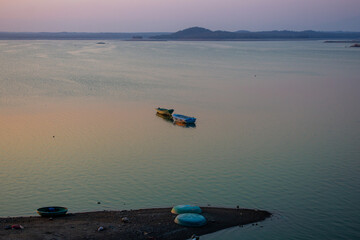 Boats anchored in the Sathanur reservoir. Sathanur Dam is one of the major dams in Tamil Nadu...
