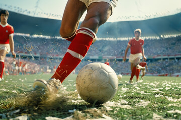 Soccer Player Striking Football on Field Close-Up