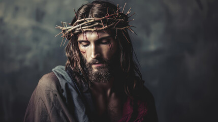 Portrait of Jesus Christ with crown of thorns on dark background