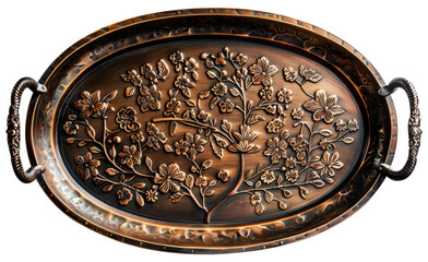 A decorated antique copper tray