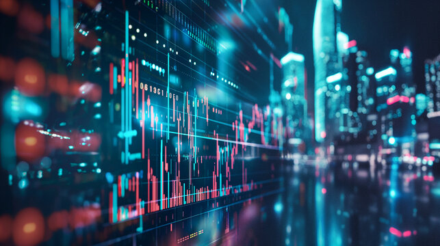 Dynamic image of stock market candles, digital indicators and data against the backdrop of a night modern city out of focus. Conceptual background image.