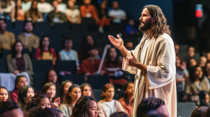 Fototapeta na wymiar Jesus Christ as a motivational speaker at some event for children
