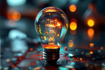 dimly lit Light Bulb standing on a wet surface with a blurred background - obrazy, fototapety, plakaty