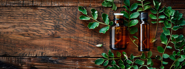moringa essential oil in a bottle. selective focus.