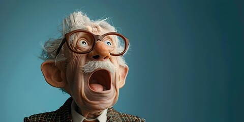 Surprised elderly character with yawn of fatigue and whisper of weariness with copy space - obrazy, fototapety, plakaty