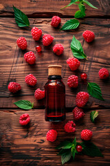 raspberry essential oil in a bottle. selective focus.