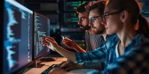 Software Developer Programming: Finding Solutions while Working on Desktop Computers in Data Center System Control Room. Team of Young Professionals Doing High-Tech Coding, 1